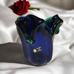 Murano Art Glass Tulip Vase Cobalt Blue & Green Hand Blown Italy Ruffled Rim